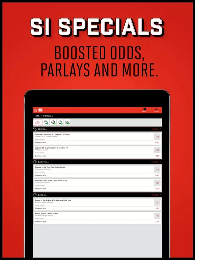 SI SPECIALS BOOSTED ODDS PARLAYS AND MORE. SEE ALL, SEE ALL, 200